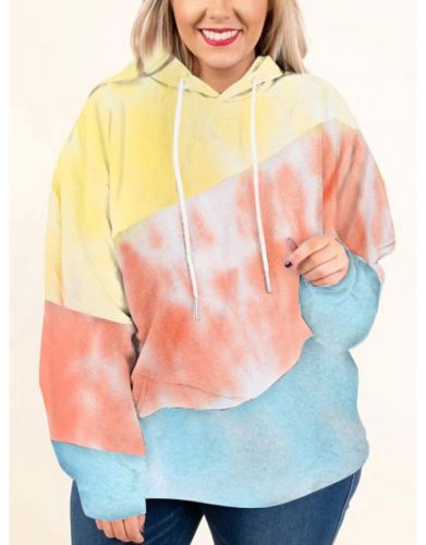 Plus Size Stitching Color Hoodies Women Fall Winter New Long Sleeve Multi-color Sweatshirt Tops
