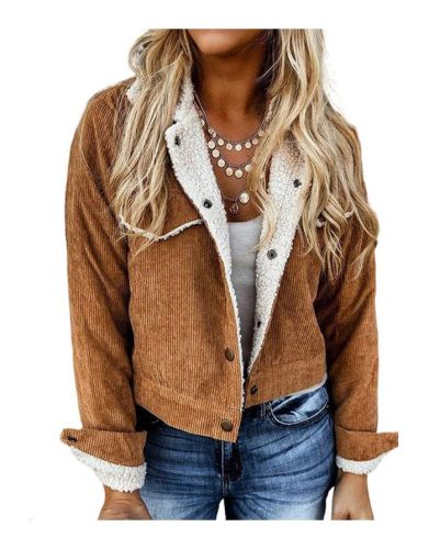 Women New Solid Color Corduroy Jacket Single Breasted Lapel Long Sleeve Fleece Padded Cropped Coat
