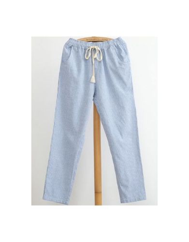 Japanese Cotton Linen Striped Drawstring Loose Casual Women Trousers