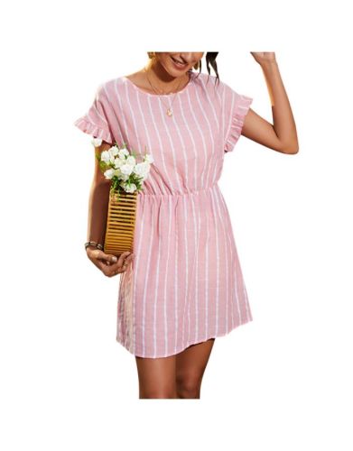 Women Striped Ruffled Short Sleeve Round Neck Casual Short A-Line Summer Dress