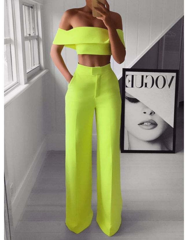 Sexy Off Shoulder Crop Top Long Pants Fashionable Outfits For Woman