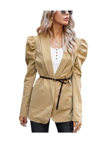 Fall Women New Tops Fashion Puff Sleeve Pockets Lapel Belted Medium Long Blazer Coat