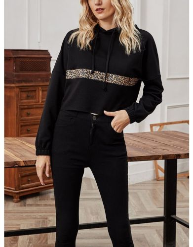 Women Fashion Fall New Leopard Print Stitching Hoodies Long Sleeve Short Black T-shirt Tops