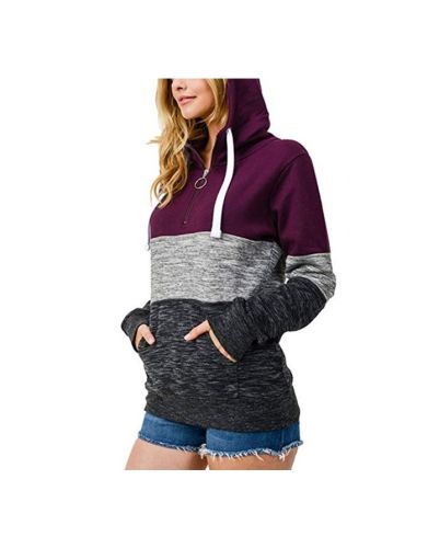 Fall Winter New Women Stitching Color Zipper Casual Hoodies