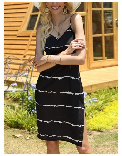 Slip Dress Women Striped V-Neck Midi Split Black Summer Dresses