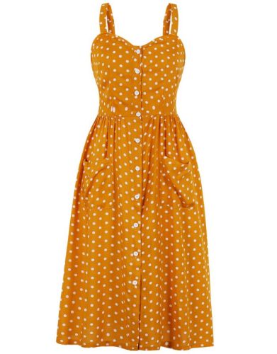 Yellow Dress Summer Straps Backless Pleated Polka Dot Printed Single Breasted Pockets Casual Midi Dresses