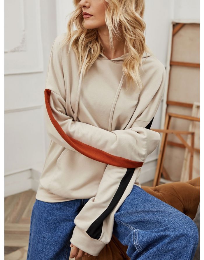 Korean Fashion Stitching Color Hoodies Women Fall Long Sleeve Loose Sweatshirt Coat
