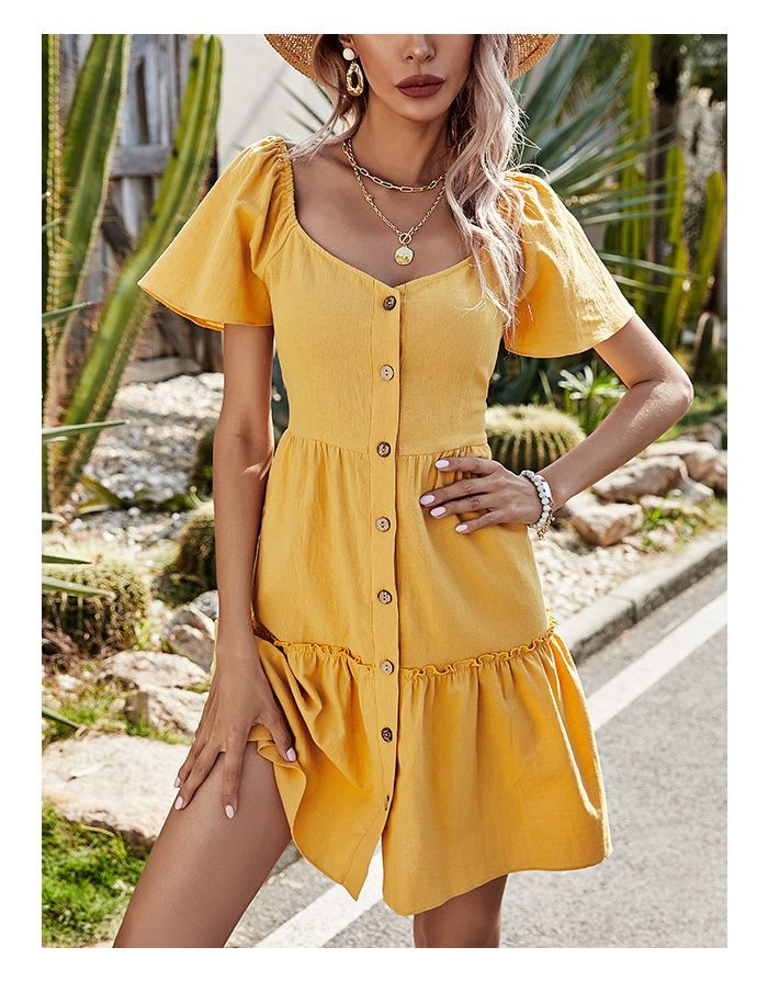 Summer Dress Solid Color V-Neck Short Sleeve Single Breasted Flounced Hem Short A-Line Dresses