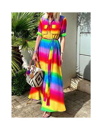 Multicolor Dress Rainbow Striped Half-sleeve Lapel Single Breasted Belted Casual Maxi Summer Dresses