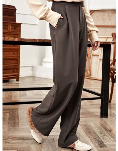 Fashion High Waisted Wide Leg Women Long Pants Fall New Loose Pockets Trousers