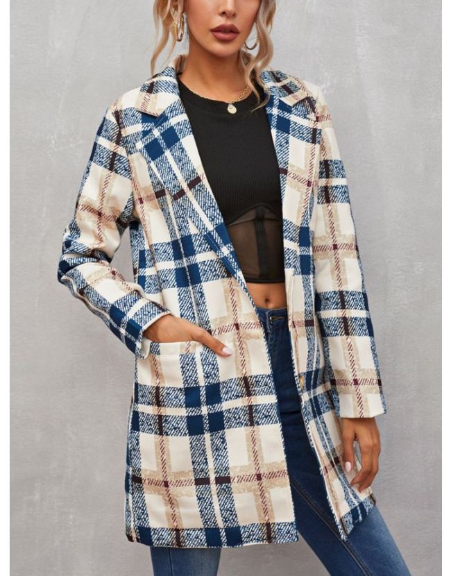 Fall Winter New Plaid Lapel Pockets Women Loose Medium Long Woollen Coat