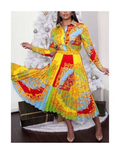Spring Fall Women Long Sleeve Lapel Printed Single Breasted Pleated Casual Long Swing Dress