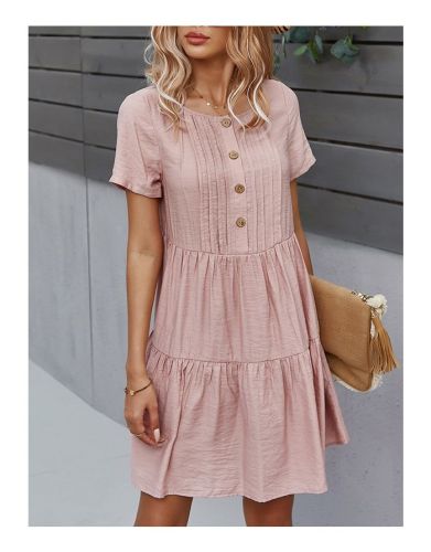 Summer Dress Solid Color Short Sleeve Round Neck Single Breasted Casual Short Dresses