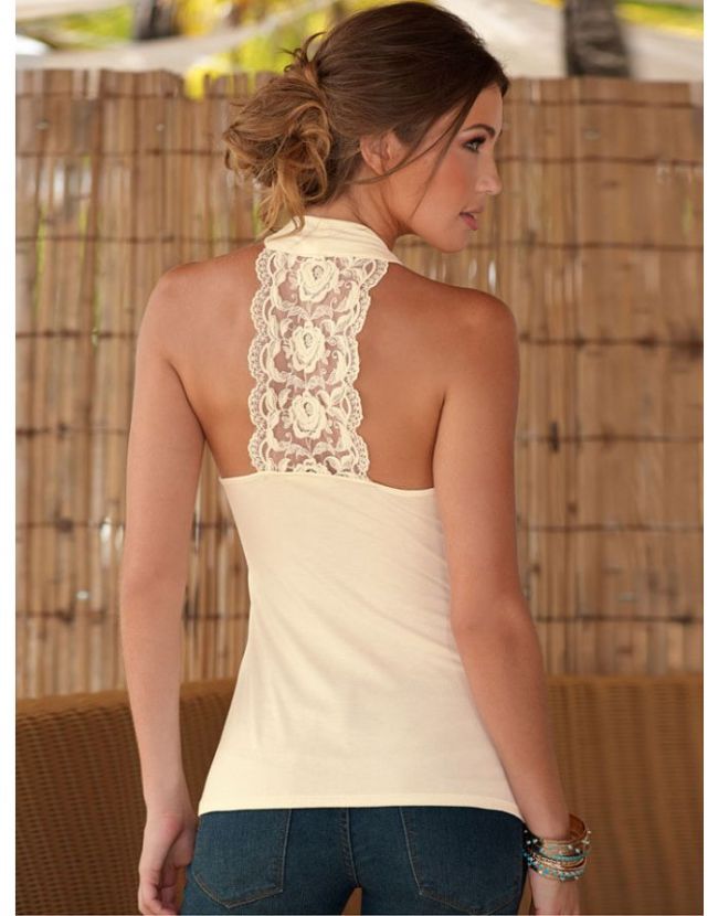 Sexy V-neck Sleeveless Open Back Lace Stitching Cotton Halter Vest T-shirt