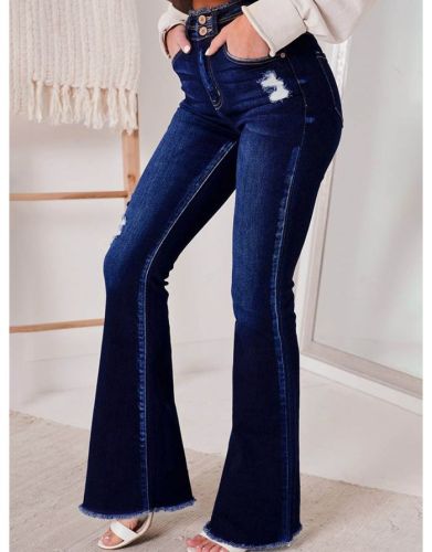 Women Spring New Ripped Jeans Two Buttons High Waisted Slim Fit Bell-bottomed Trousers Pants