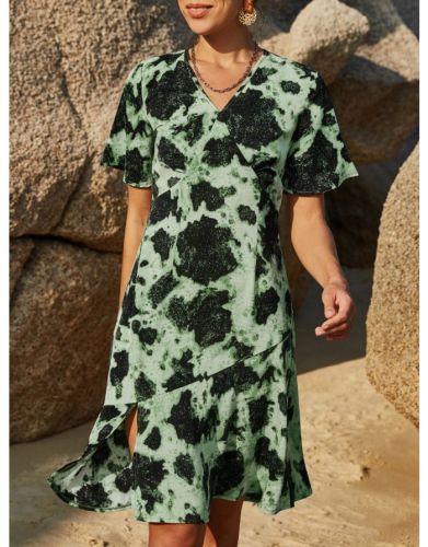 Summer Dress Printed V-Neck Short Sleeve Split Flounced Hem Midi A-Line Dresses