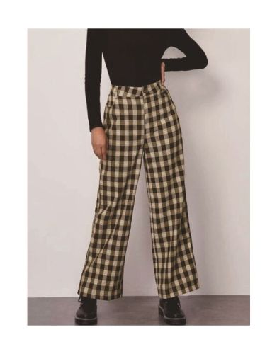 Women Spring Fall Plaid One Button High Waisted Casual Wide Leg Trousers Pants
