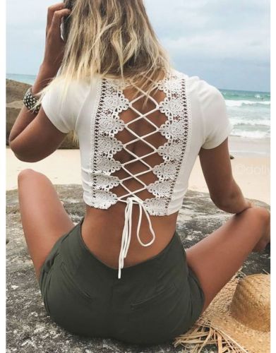 Bowknot Lace Hollow Lace-Up Backless Short Sleeves V-neck Cropped T-shirt
