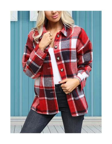 Fall Winter New Thick Plaid Shirt Lapel Long Sleeve Single Breasted Women Tops Coat