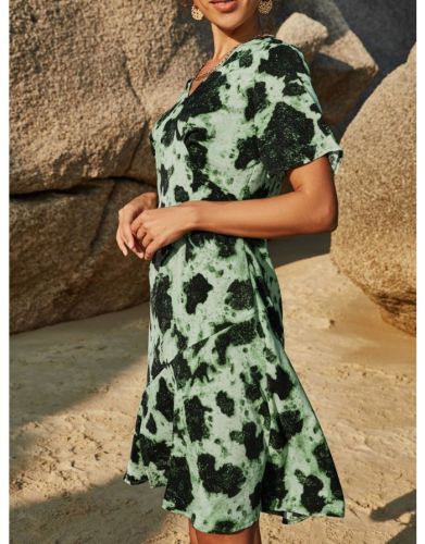 Summer Dress Printed V-Neck Short Sleeve Split Flounced Hem Midi A-Line Dresses