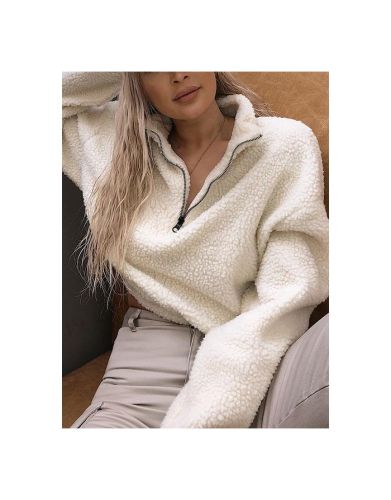 Long Sleeve Zipper Artificial Lamb Wool Warm Casual Sweatshirt Coat