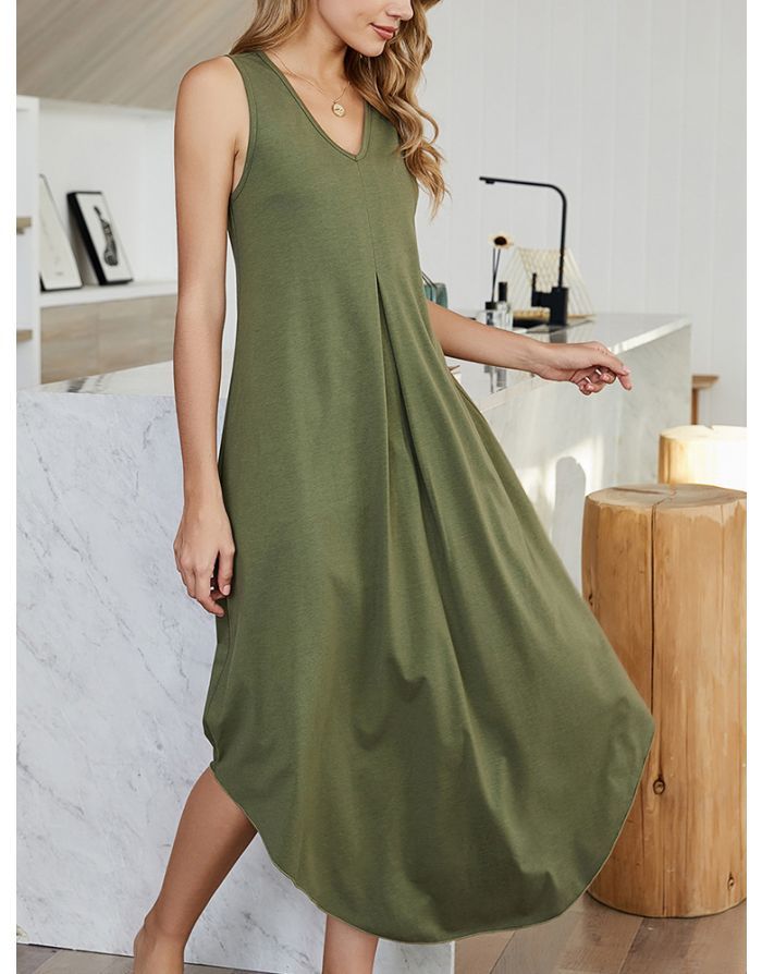 Summer Dress Women Sleeveless V-Neck Solid Color Vest Dress Irregular Loose Casual Long Dresses