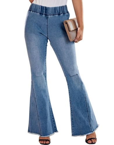 Women Fashion Fall New Ripped Jeans High Waist Bell-bottomed Trousers Pants