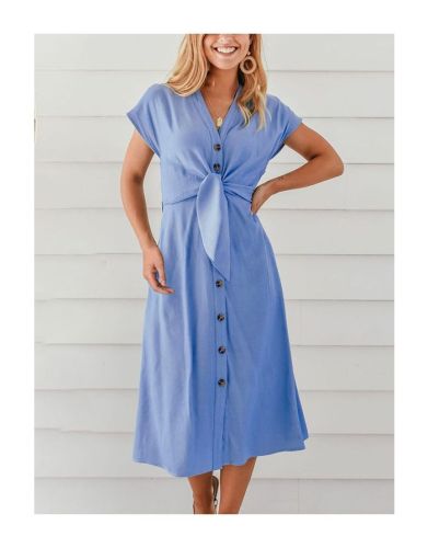 Spring Summer Short Sleeve V-Neck Single Breasted Solid Color Belted Midi Casual Dresses