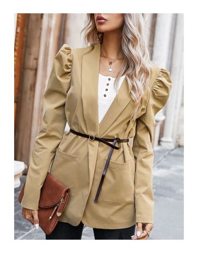 Fall Women New Tops Fashion Puff Sleeve Pockets Lapel Belted Medium Long Blazer Coat