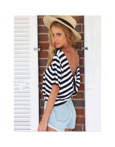 Summer Short-Sleeved Black and White Striped Cotton T-shirt with Open Cross Back