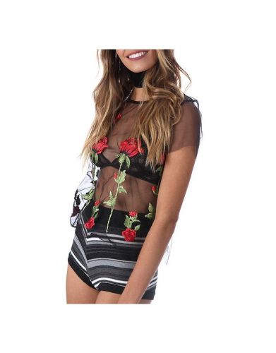 Rose Embroidered Mesh Short Sleeves Black See-through T-shirt