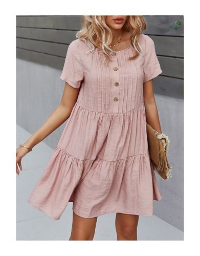 Summer Dress Solid Color Short Sleeve Round Neck Single Breasted Casual Short Dresses