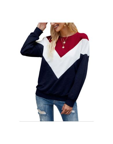 Fall Winter Women New Three-color stitching Round Neck Long Sleeve Sweatshirt