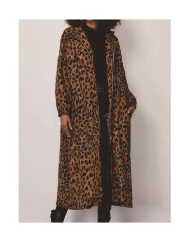 Women Fall Winter Coat Leopard Print Long Overcoat Lapel Long Sleeve Zipper Loose Tops