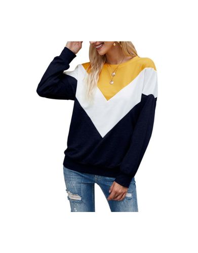 Fall Winter Women New Three-color stitching Round Neck Long Sleeve Sweatshirt