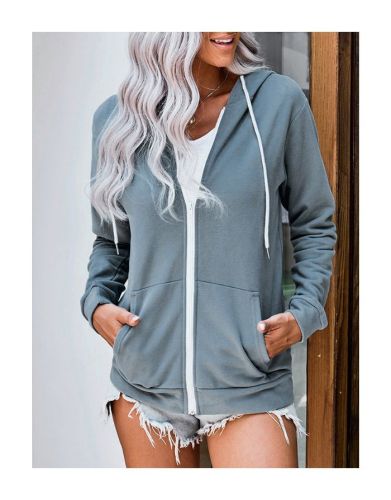 Fall Winter New Zipper Hooded Sweatshirt Women Pockets Loose Casual Solid Color Coat