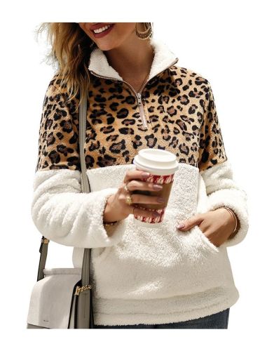 Fashion Sweatshirt For Woman Leopard Print Fluffy Fall Winter Tops With Pockets