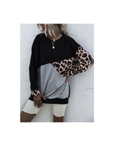 Fall New Women Long Sleeve Round Neck Leopard Print Stitching Color Pullover Sweatshirt