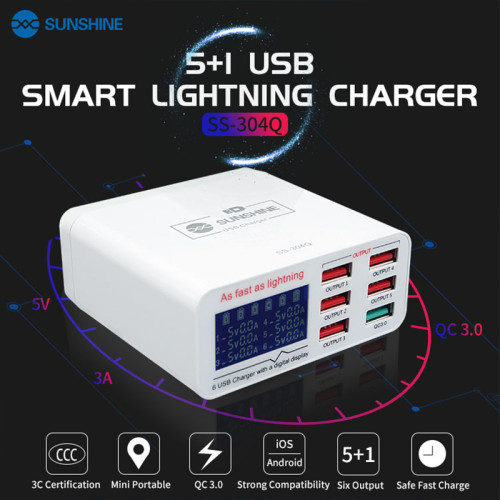 Sunshine SS-304Q 6 Ports USB for iPhone Andorid iPad Tablet Charger Quick Charge 3.0 Digital Display Fast Charging Device