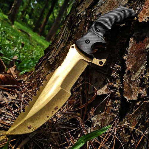 Gold Fixed Blade Knife Straight Full Tang Blade Hunting Camping Hiking Knife