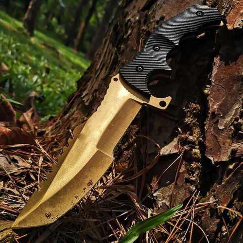 Gold Fixed Blade Knife Straight Full Tang Blade Hunting Camping Hiking Knife