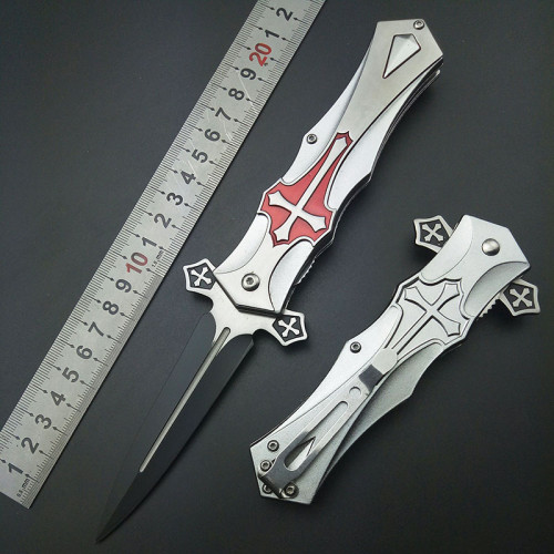 Silver Tactical Fast Open Cross Engrave Spring Assisted Knife