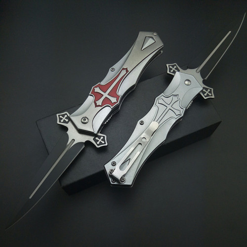 Silver Tactical Fast Open Cross Engrave Spring Assisted Knife