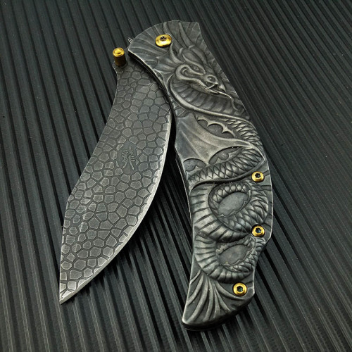 Tactical Fold Pocket Knife Dragon Engrave Stonewash Spring Assisted Knife