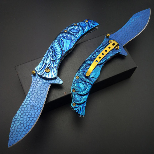 Blue Titaniums Spring Assisted Knife, Dragon Engrave Stonewash Utility Knife