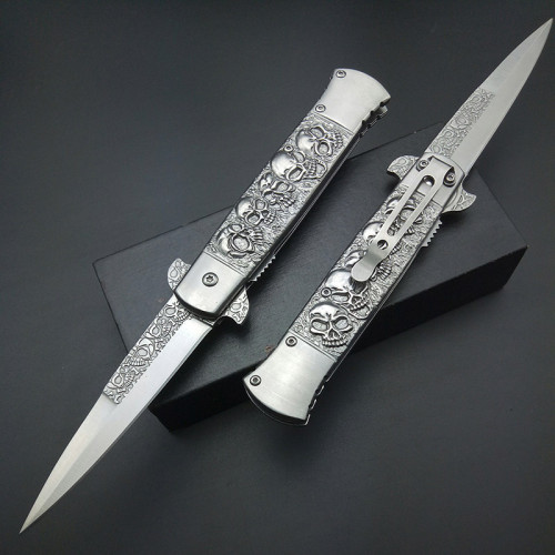Silver Spring Assisted Knife, Tactical Stiletto Skull Engrave Stonewash Knife