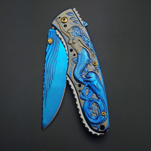 Tactical Mermaid Engrave Utility Survival Knife Stianless Steel Assisted Knife