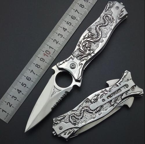 Silver Stainless Steel Top Tactical Fast Open Dragon Engrave Survival Knife