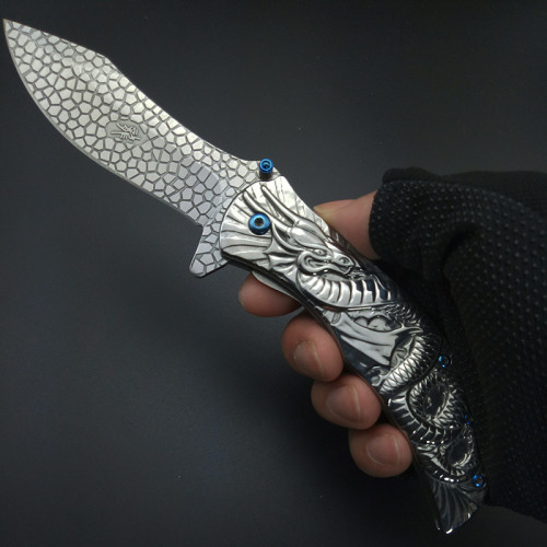 Silver Titaniums Tactical Fast Open Dragon Engrave Stonewash Utility Survival Knife