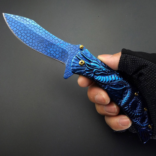 Blue Titaniums Spring Assisted Knife, Dragon Engrave Stonewash Utility Knife